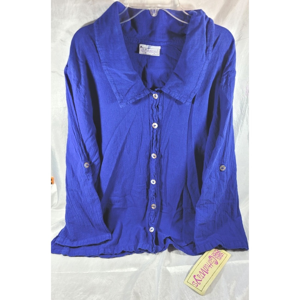 Cottonways OSFM One Size Collared Roll Tab Sleeves Cotton Gauze Top - Blue